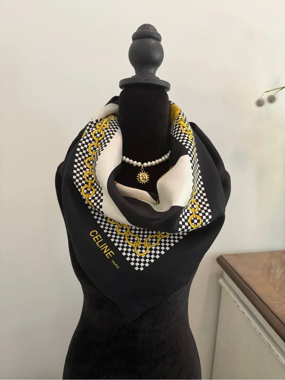 Celine Silk Scarf Navy White Yellow Hand Rolled Made in France